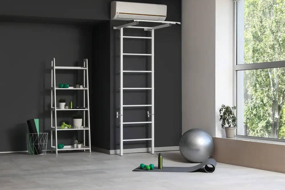 Spalliera con sbarra per trazioni e attrezzi fitness per la preparazione ai test di efficienza fisica.