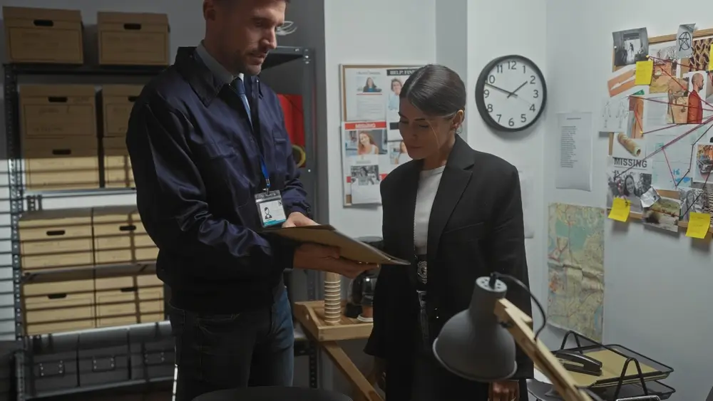 Ispettore di polizia in ufficio analizza documenti con una collega tra faldoni d'archivio e bacheche investigative.