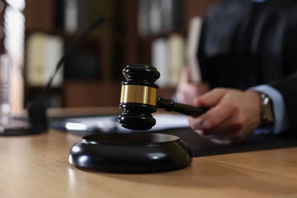 Giudice che impugna un martelletto della giustizia, a simboleggiare l'attuazione di decreti e normative ufficiali.